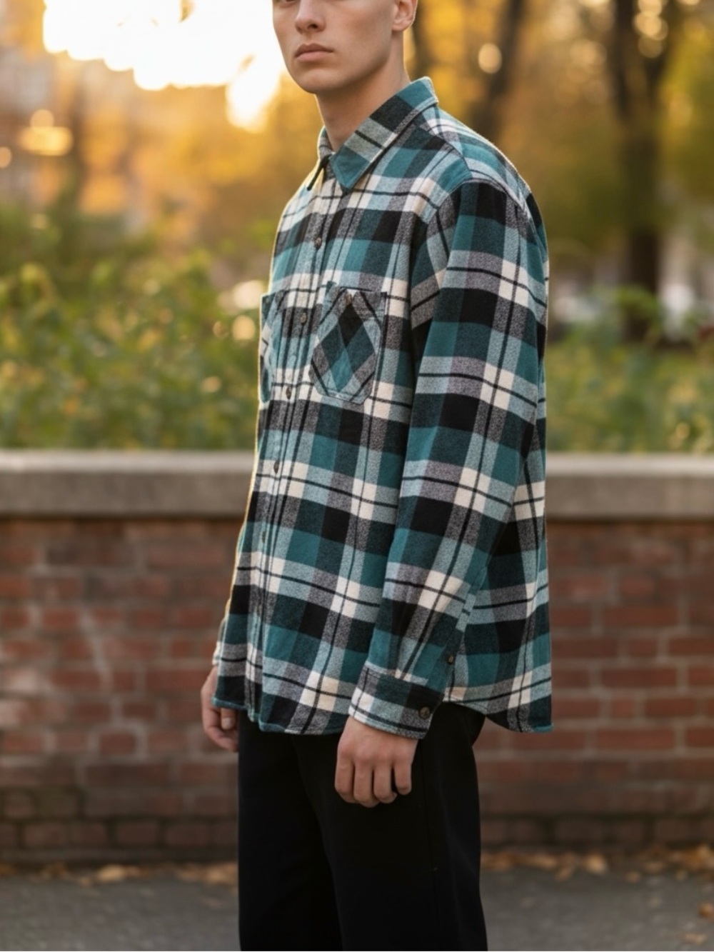 Schmidt Workwear Men’s Cotton Teal Green Black Plaid Flannel Button Up Shirt XL
